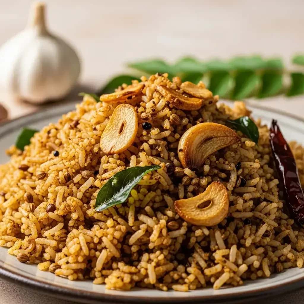 La joya fragante del sur de la India: ajo tostado y salsa picante. Arroz con lentejas (Poondu Sadam)