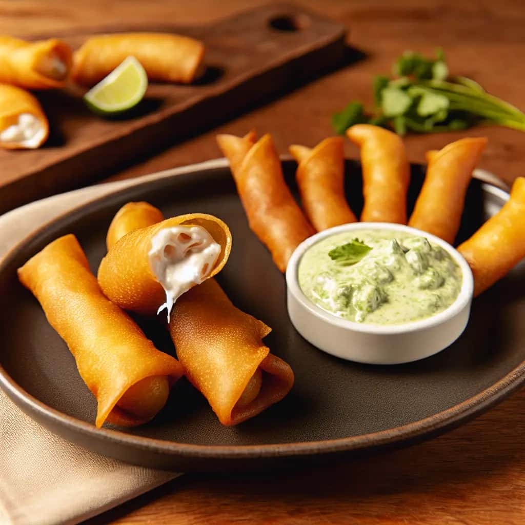 Tequeños de queso crujiente con salsa de aguacate y ajo