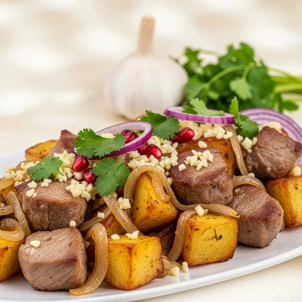 Un festín familiar georgiano: cerdo chisporroteante y salsa picante Patata con Ajo (Ojakuri)