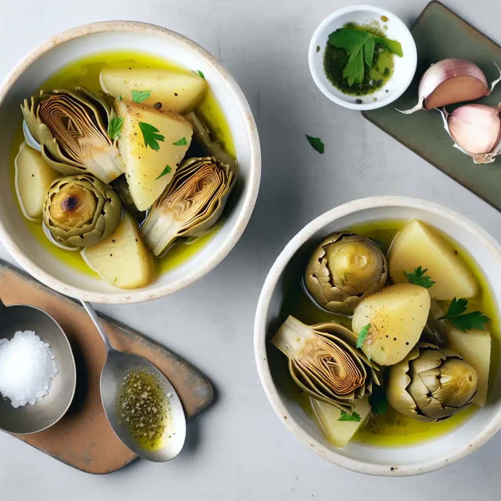Da cozinha de Roma: um farto alho, alcachofra e amp; Ensopado de Batata (Carciofi e Patate em Tegame)
