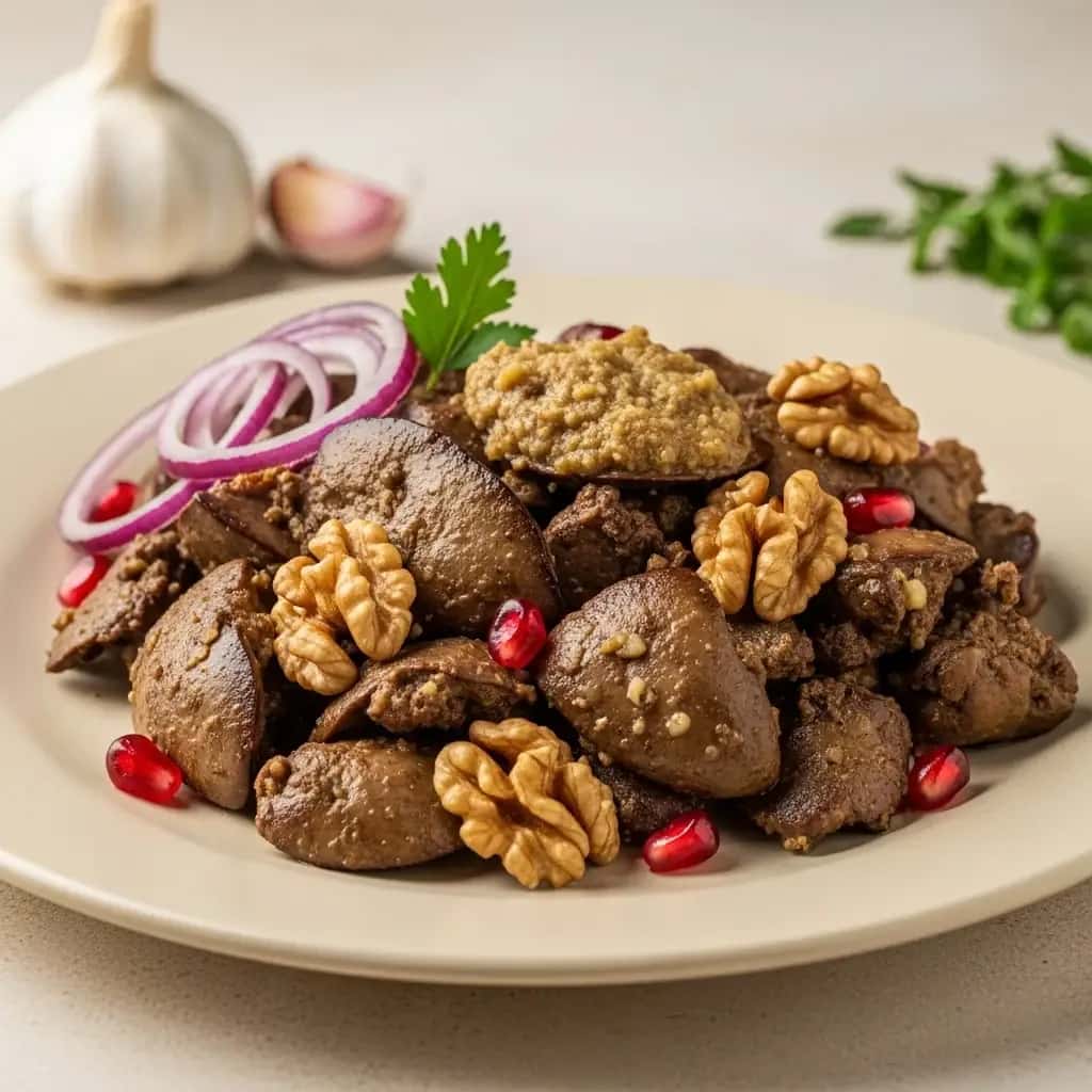 Un tesoro rústico: hígados de pollo georgiano con ajo y salsa picante. nueces
