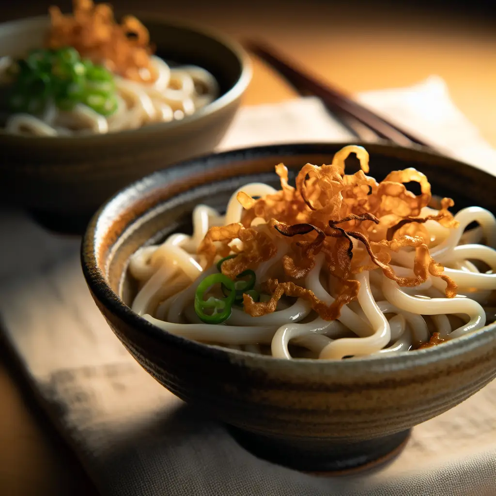 Udon de mantequilla de soja y ajo con chips de ajo crujientes