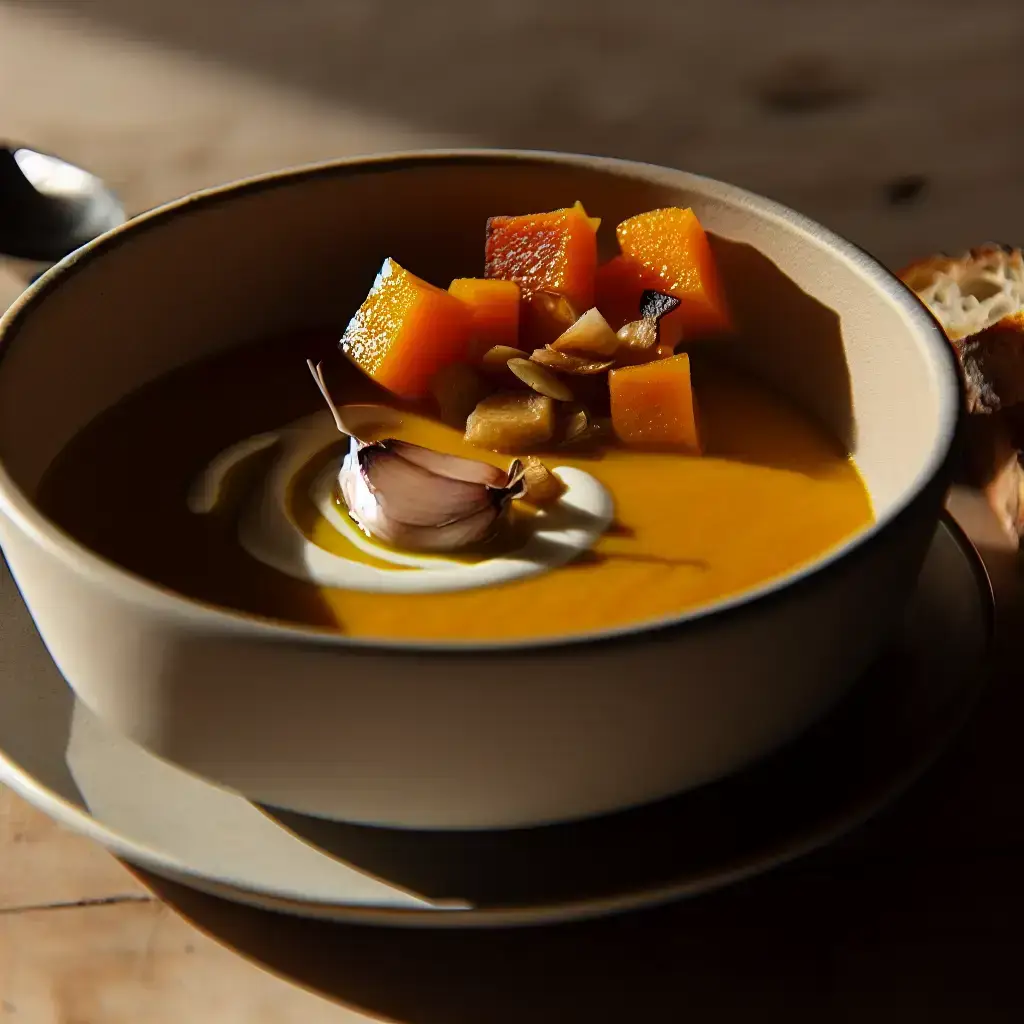 Golden Comfort: ajo asado cremoso y salsa picante Sopa De Calabaza