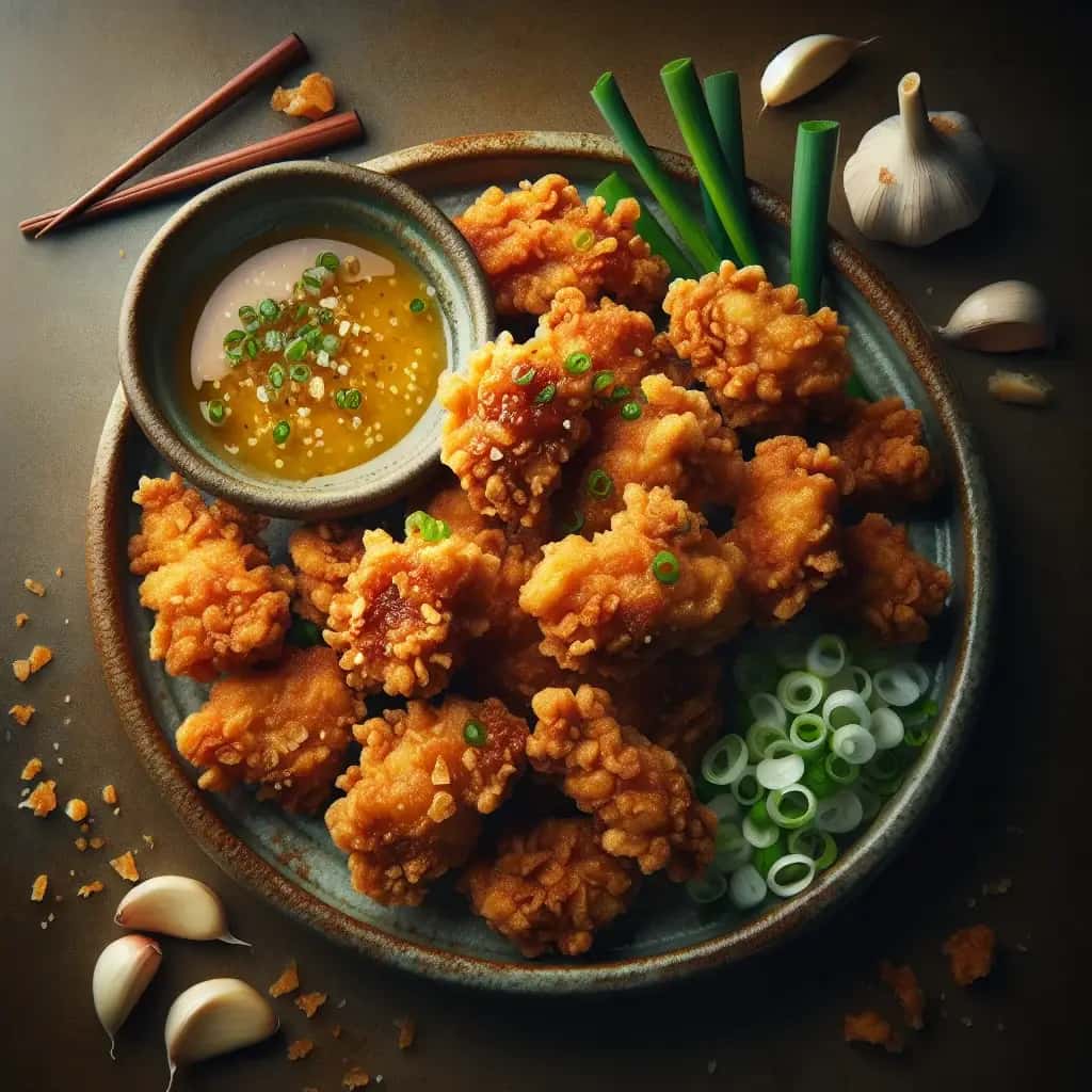 Karaage japonés de ajo con salsa ponzu picante