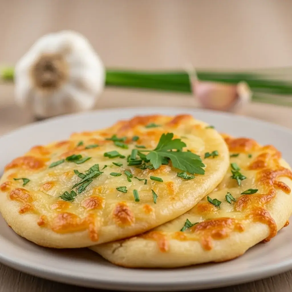 Un refrigerio básico eslovaco: ajo esponjoso y refrigerio. Pan plano con queso (Cesnakový Posúch)