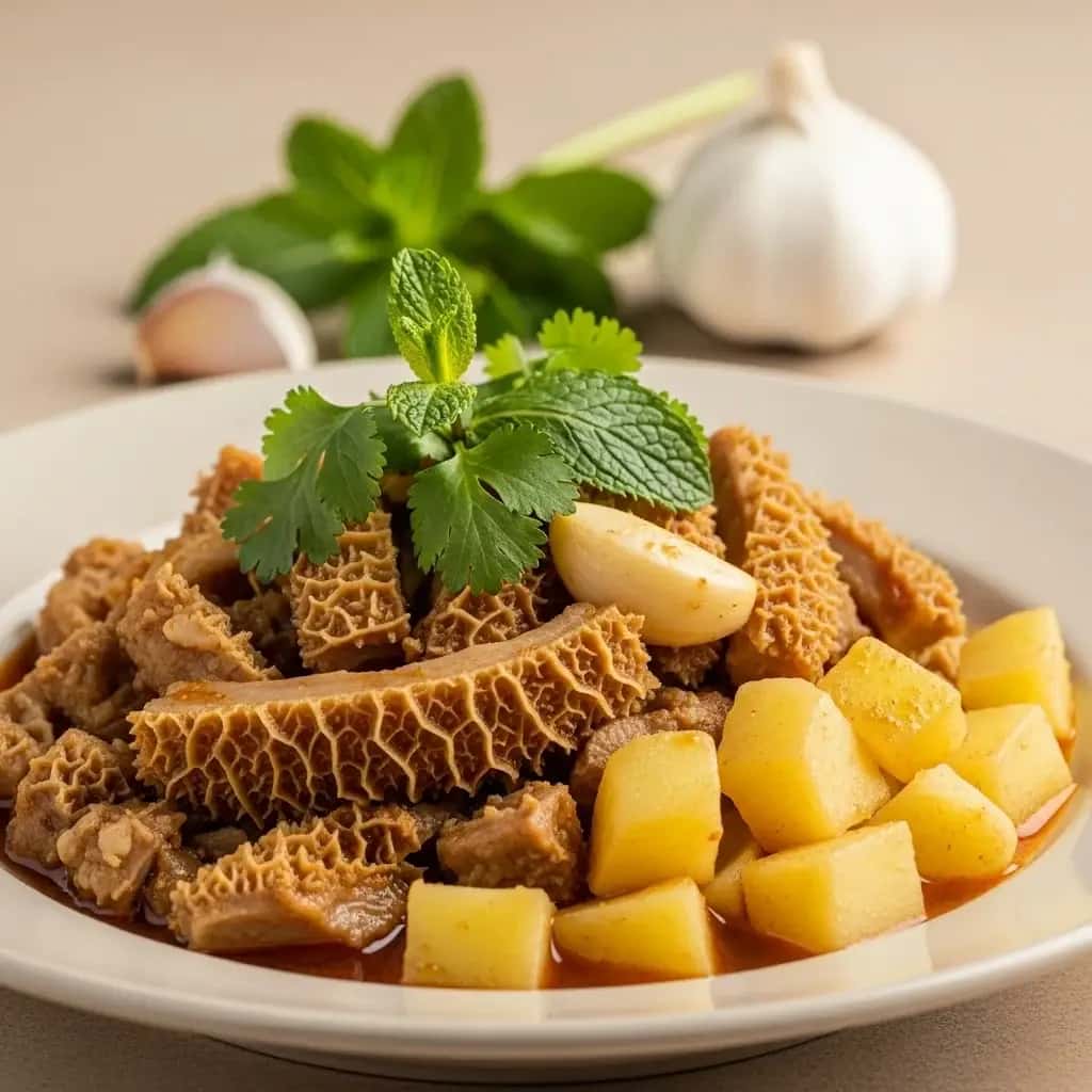 Desde las calles de Lima: una abundante tripa peruana y un plato de comida peruana. Guiso de Ajo (Cau-Cau)