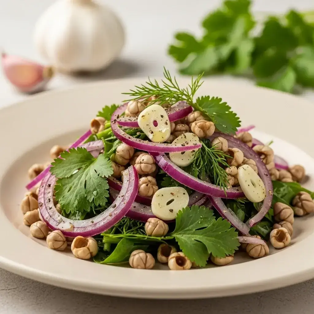 De las colinas de Imereti: un sabroso ajo y salsa picante. Ensalada De Brotes De Bladdernut (Jonjoli Salati)
