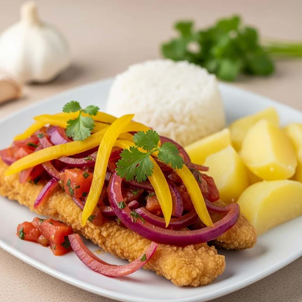 Desde el Puerto de Lima: Un Zesty Garlic & Pescado Frito Con Cebolla (Pescado a la Chorrillana)