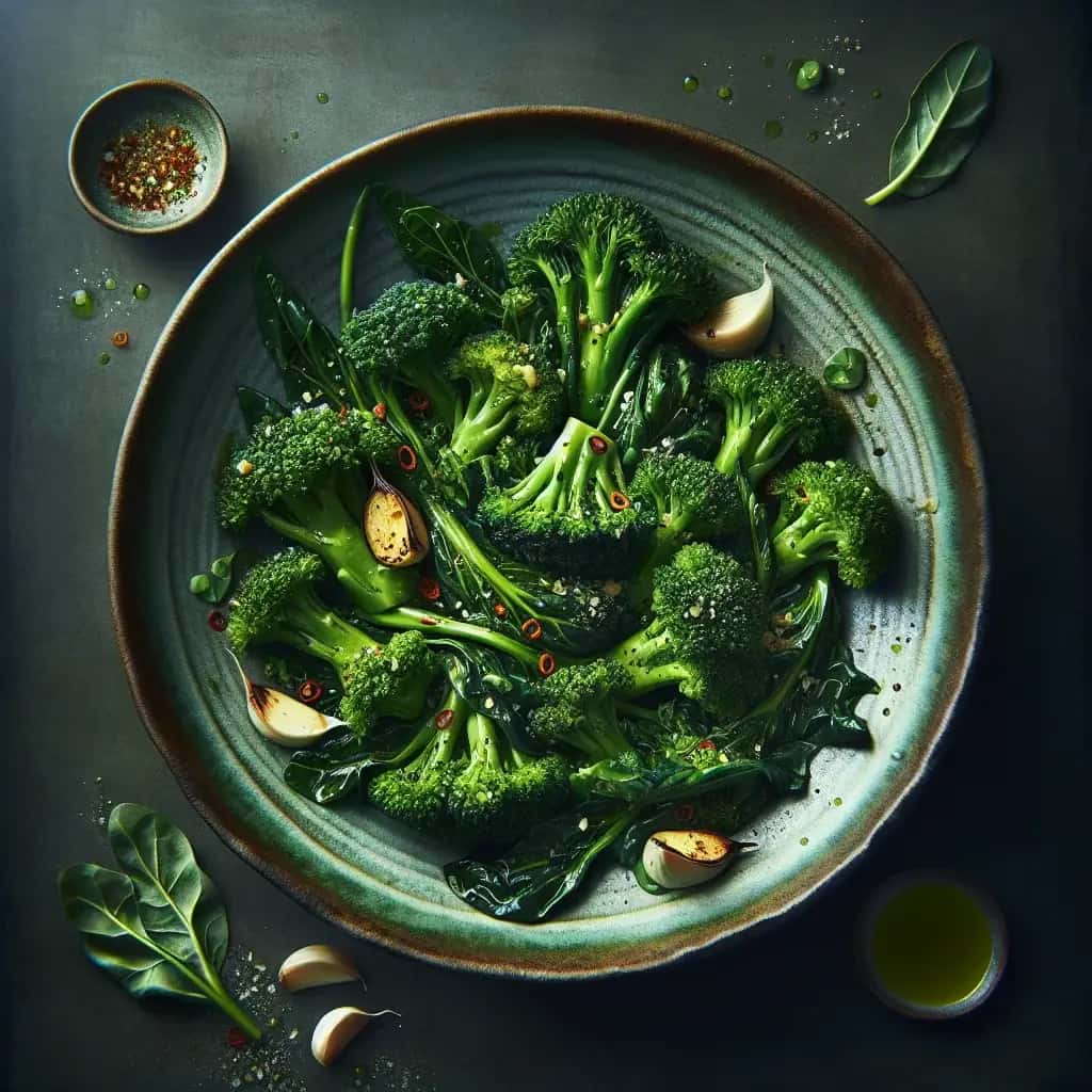 Brócoli rabe picante bañado con ajo, chile y limón