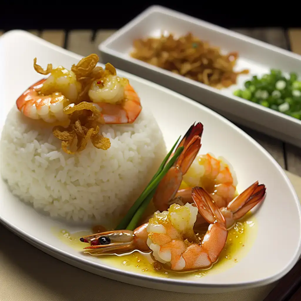 Sabrosos camarones vietnamitas con mantequilla de ajo y chalotes crujientes