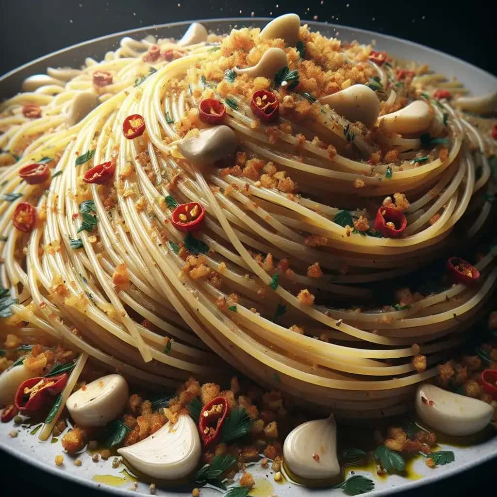 Aglio e Olio picante con pan rallado tostado