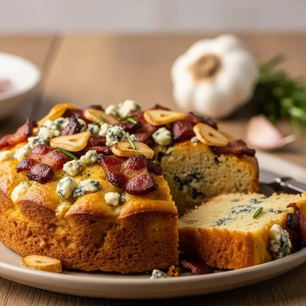 Un bocado abundante: sabrosos ajo, tocino y salsa eslovaca de Eslovaquia Pastel De Queso Azul
