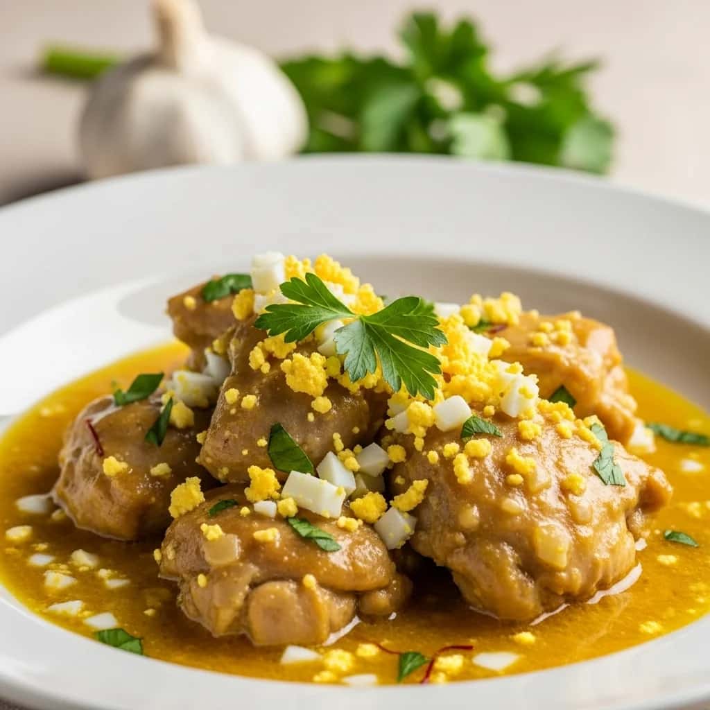 De la Castilla histórica: un pollo dorado y una guarnición Guiso De Ajo (Pollo En Pepitoria)