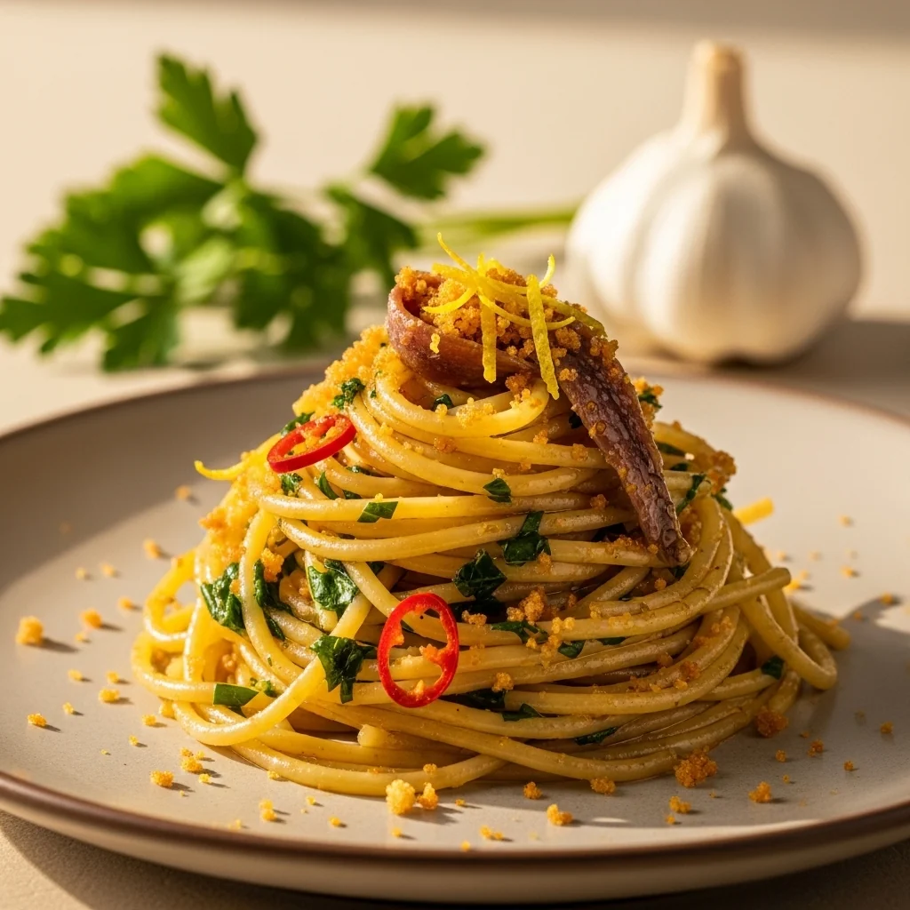 Amalfi's Liquid Gold: Spaghetti with Garlic and Anchovy Drizzle