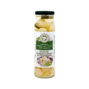 Canadian Pickled Garlic cloves with jalapeno — crisp, punchy and ready to eat. Add to salads, sandwiches, pasta or grazing boards.
