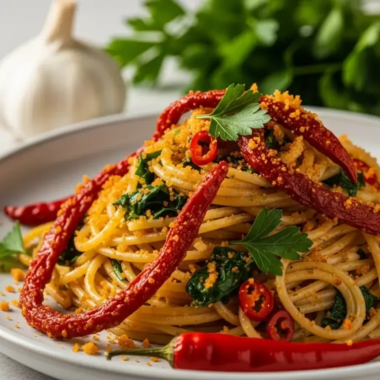 Basilicata’s Crunch: Fiery Garlic & Crispy Pepper Spaghetti