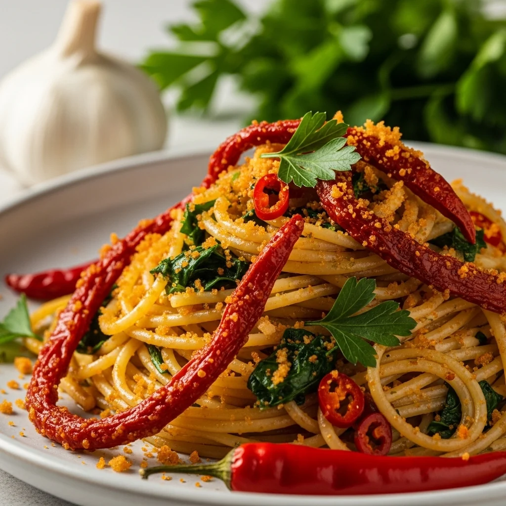 Basilicata's Crunch: Fiery Garlic & Crispy Pepper Spaghetti