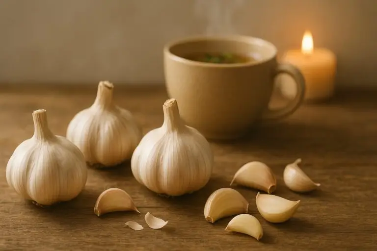 A calming still life scene with fresh garlic bulbs and peeled cloves placed on a rustic wooden surface.