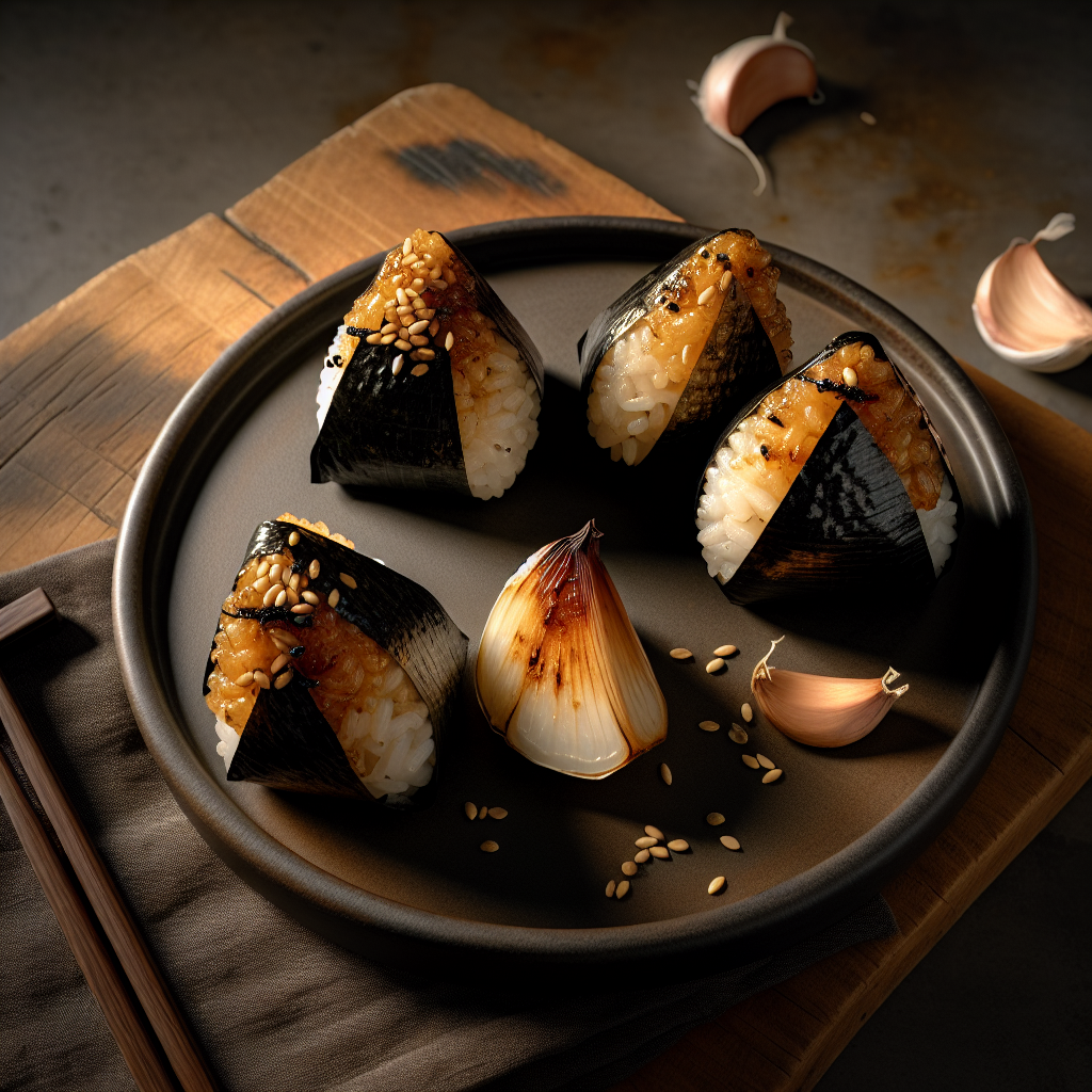 Charred-Head Roasted Garlic Onigiri with Soy-Butter Glaze