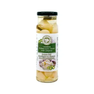 Canadian Pickled Garlic cloves with jalapeno — crisp, punchy and ready to eat. Add to salads, sandwiches, pasta or grazing boards.